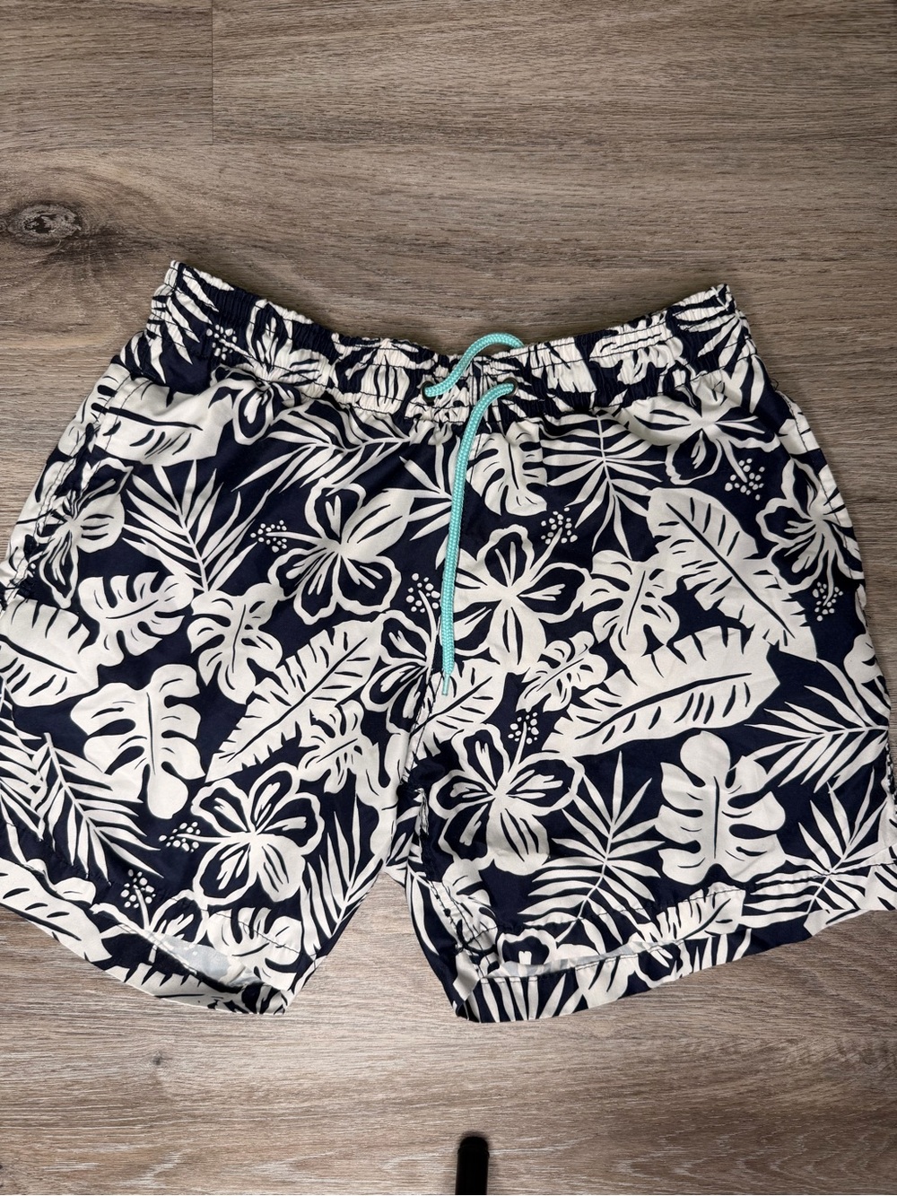 Men's Navy & White Tropical Hybrid Shorts with Aqua Drawstring